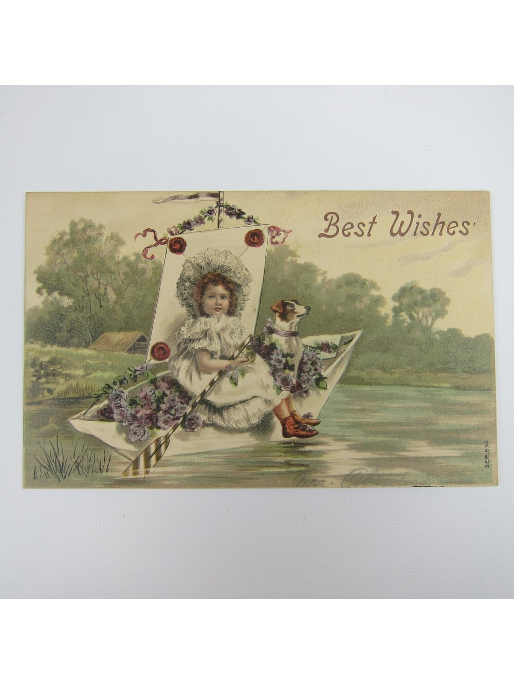 Postcard Best Wishes Red Head Girl Jack Russell Terrier Dog Boat Purple Flowers